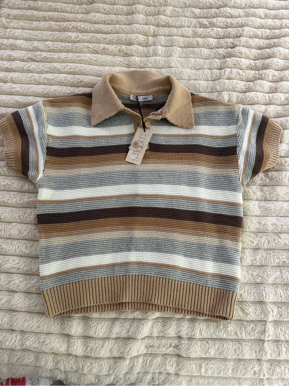 Mixology Gab & Kate Striped Knit Polo Top - Neutral Beige & Brown